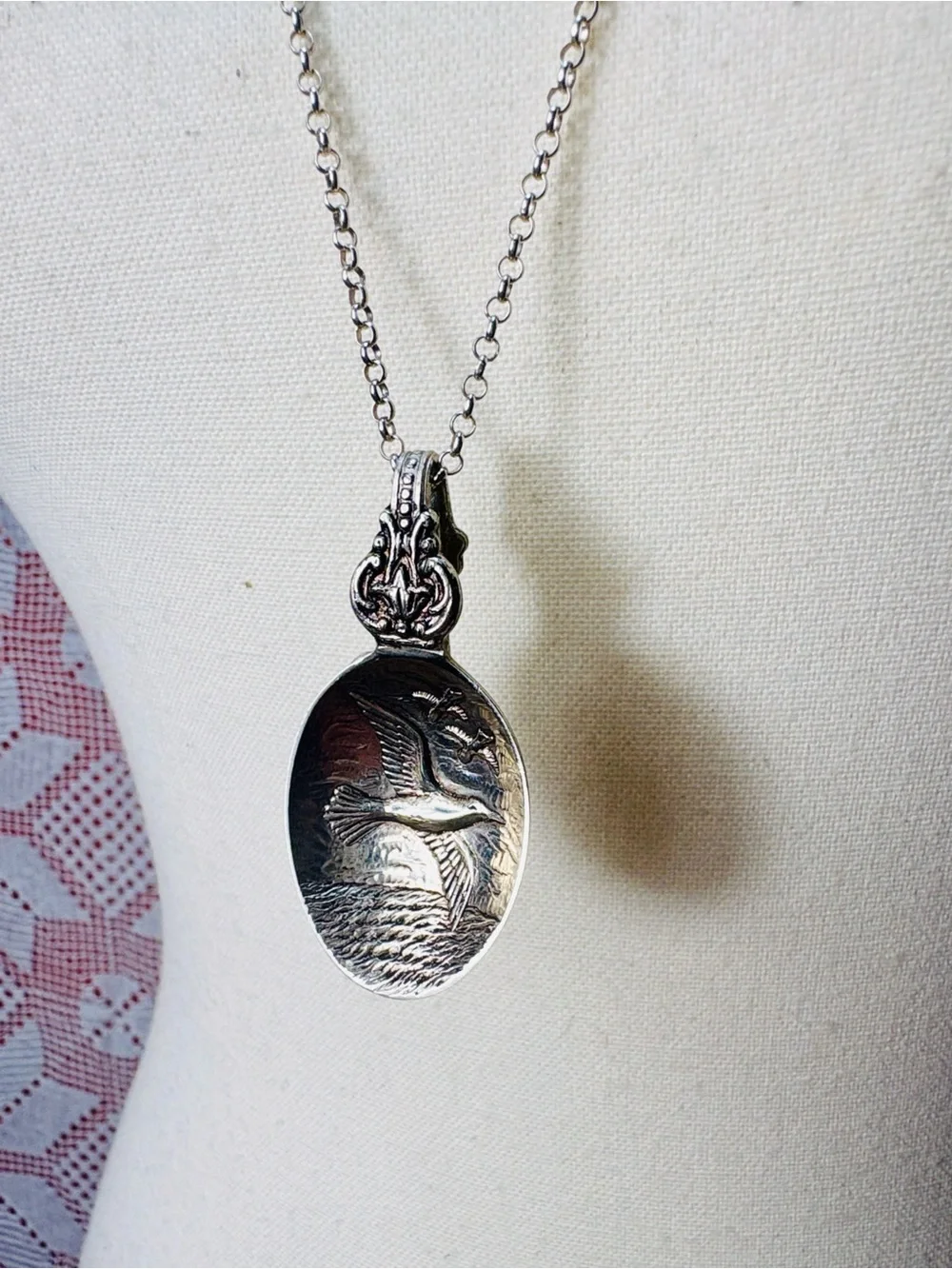 Handcrafted Spoon Pendant Necklace Sterling Silver Chain Seagull Motif - Picture 2 of 6